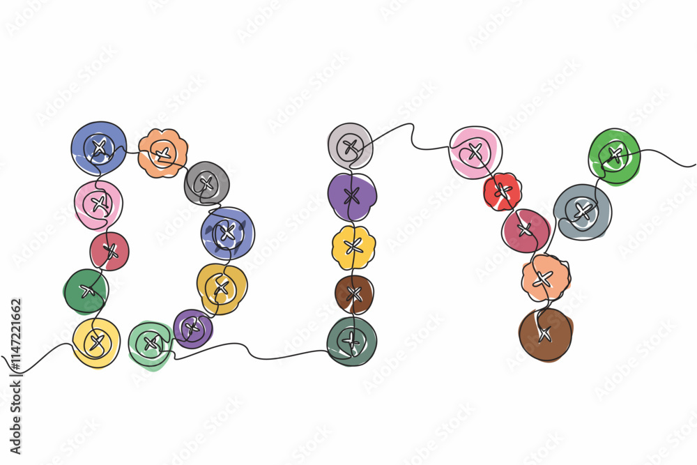 Poster single continuous line drawing diy word series made from buttons of various shapes. a craft related 