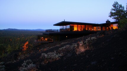 Fototapeta premium Modern house on a hilltop at dusk, illuminated interior.