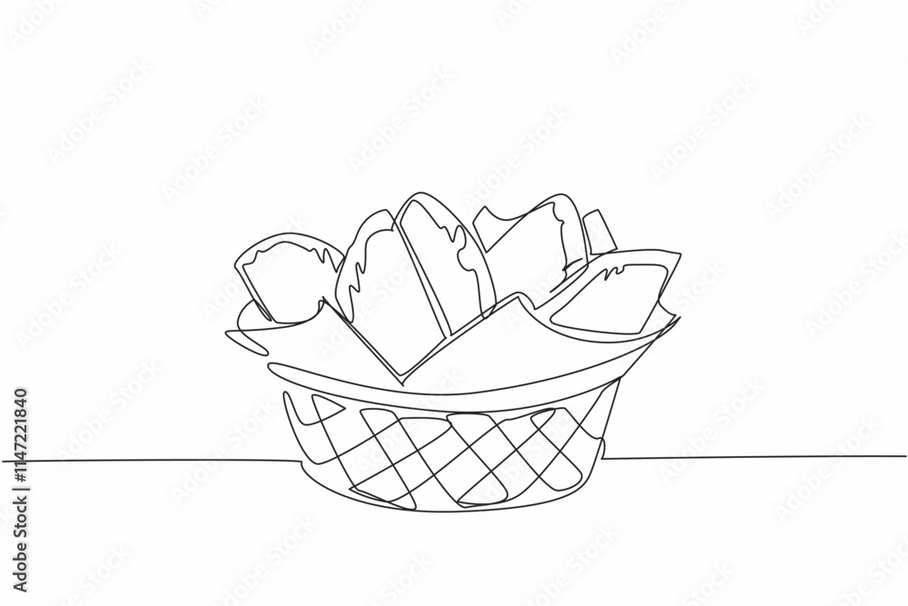 Poster single continuous line drawing empanadas arranged on a wicker rattan and tissue container. packaged 