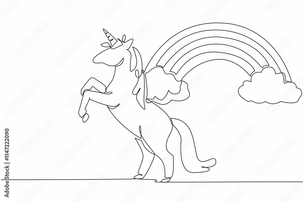 Aufkleber single continuous line drawing unicorn in a jumping position with a background of clouds and rainbow