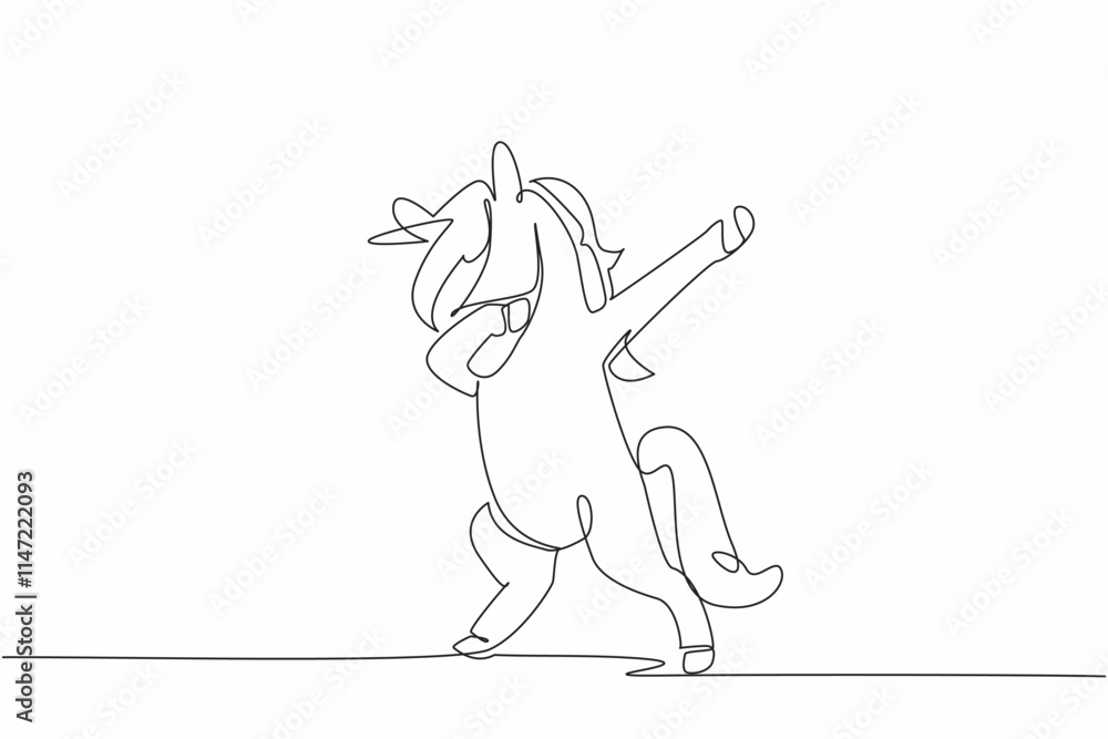 Poster single one line drawing unicorn standing while doing dabbing pose. the cheerful one. a character who