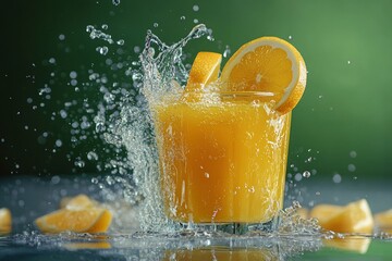 A refreshing splash of orange juice with lemon slices, evoking a vibrant summer vibe.