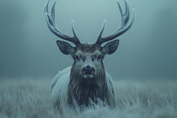 A majestic deer with large antlers stands in a frosty field.