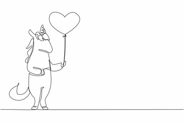 Continuous one line drawing unicorn is standing and holding a heart shaped balloon. A symbol of courage and love. Gentleness of heart. National Unicorn Day. Single line draw design vector illustration
