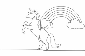 Single continuous line drawing unicorn in a jumping position with a background of clouds and rainbow. Mythological animals symbol of pride. National Unicorn Day. One line design vector illustration