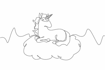 Single one line drawing unicorn sitting on a cloud. A depiction of a calming paradise. Peaceful. Fantasy. Equine. Character. Folklore. National Unicorn Day. Continuous line design graphic illustration
