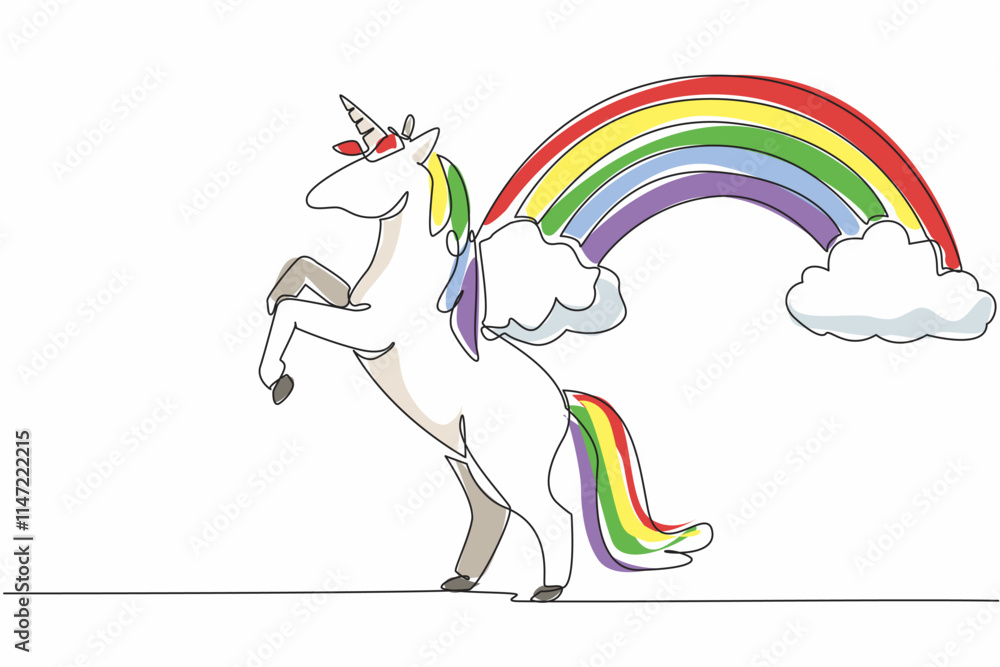 Poster single continuous line drawing unicorn in a jumping position with a background of clouds and rainbow