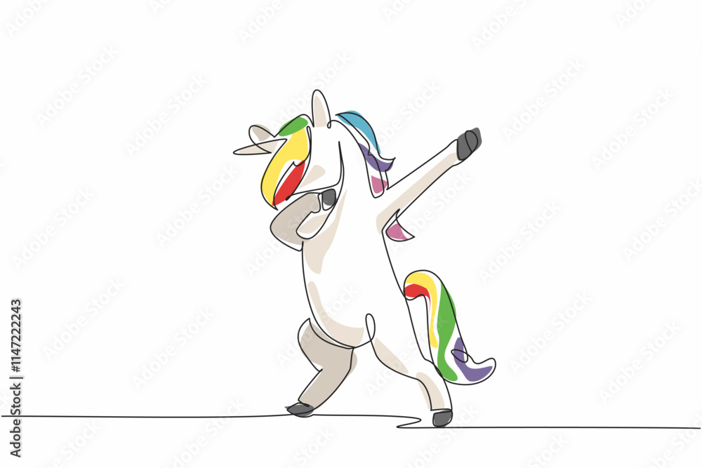 Poster single one line drawing unicorn standing while doing dabbing pose. the cheerful one. a character who