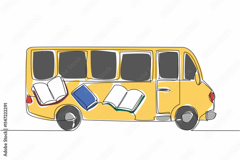 Poster single one line drawing the back of a bus converted into a mobile library. traveling around to reach