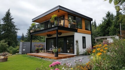 Modern two-story house with balcony, deck, and garden.
