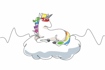 Single one line drawing unicorn sitting on a cloud. A depiction of a calming paradise. Peaceful. Fantasy. Equine. Character. Folklore. National Unicorn Day. Continuous line design graphic illustration