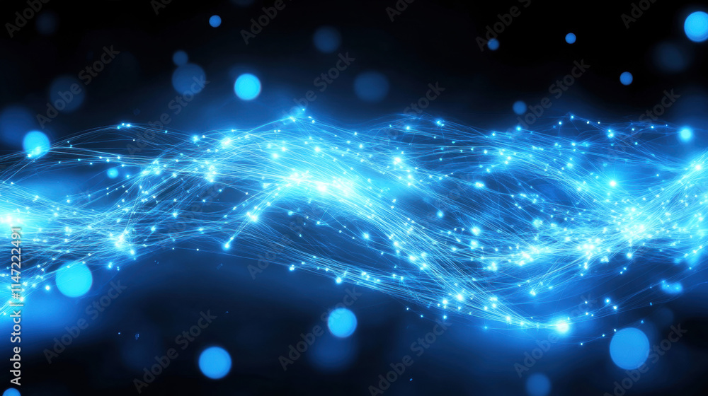 Poster abstract blue background with glowing connection lines and dots, a technology network concept
