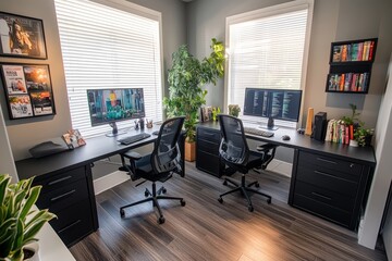 A modern home office with two workstations and plants, designed for productivity.