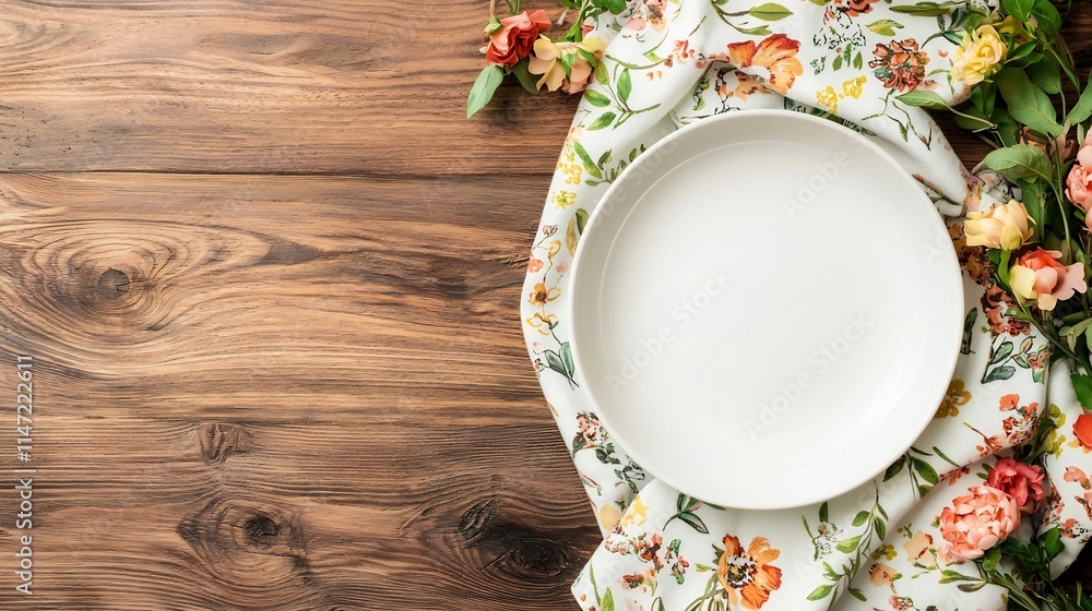 Poster clean and minimalist bowl mockup lying empty on a patterned kitchen towel simple and elegant tablewa