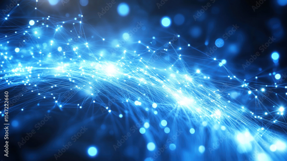 Poster abstract blue background with glowing connection lines and dots, a technology network concept