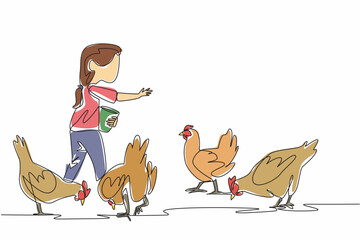 Single one line drawing a girl carrying small bucket and sprinkling food on chickens. First experience of feeding. Best feeling. National Farm Animals Day. Continuous line design graphic illustration