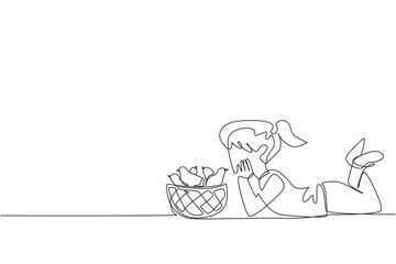Continuous one line drawing the little girl prone giving kisses to the chicks in the basket. Cute newly hatched chicks. Happy. National Farm Animals Day. Single line draw design vector illustration
