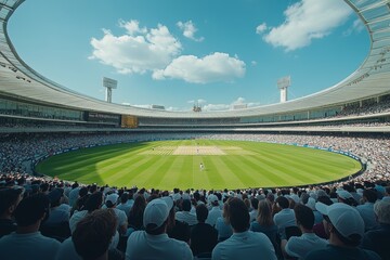 A panoramic view of a cricket match in a stadium filled with spectators.