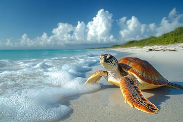Obraz premium Majestic sea turtle on a tropical beach enjoying the warm sunlight and clear turquoise water