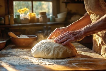 A person kneads dough on a wooden surface, surrounded by a cozy kitchen atmosphere.