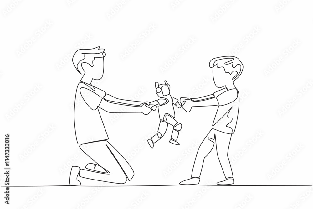 Poster continuous one line drawing two brothers fighting over a toy robot. common conflicts in children. fi
