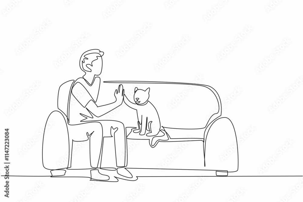Poster single continuous line drawing man sitting on sofa with his cat while giving high five. educated to 