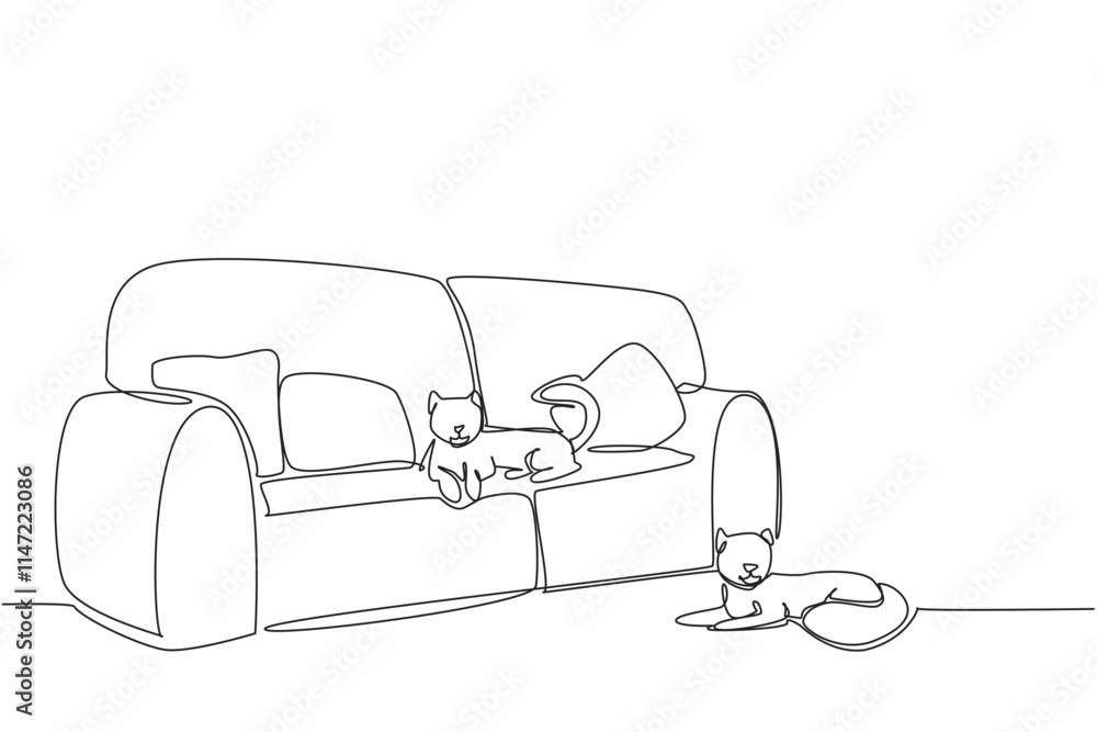 Poster single continuous line drawing a cat lying on a very soft long sofa and another cat lying on the flo