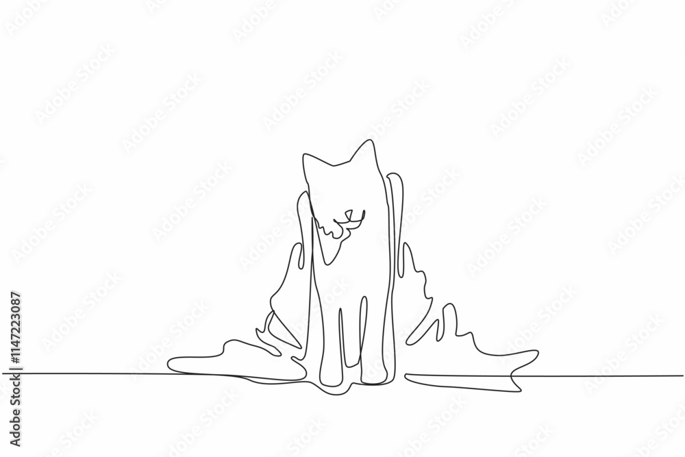 Poster continuous one line drawing cat wearing a towel. health efforts by maintaining and protecting the cl