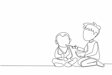 Single one line drawing the older brother feeds his younger brother. Patiently and carefully put the spoon into the mouth. Loving. National Siblings Day. Continuous line design graphic illustration