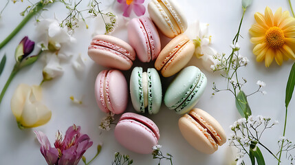 A close up of a variety of pastries, including macarons