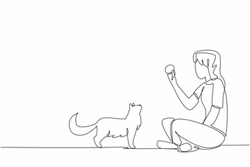 Single one line drawing woman sitting cross-legged playing knitting ball with her cat. Train the sensitivity of a cat. Increase bonding. National Pet Day. Continuous line design graphic illustration
