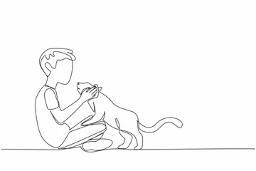 Single continuous line drawing boy sitting cross-legged holding head of cat. Adorable spoiled cat behavior. Joking around to pass the time. Cute. National Pet Day. One line design vector illustration