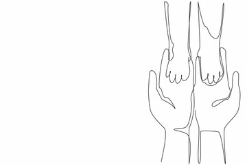 Single continuous line drawing two palms of a person holding two palms of a cat. Building togetherness with the beloved pet cat. Play together. National Pet Day. One line design vector illustration