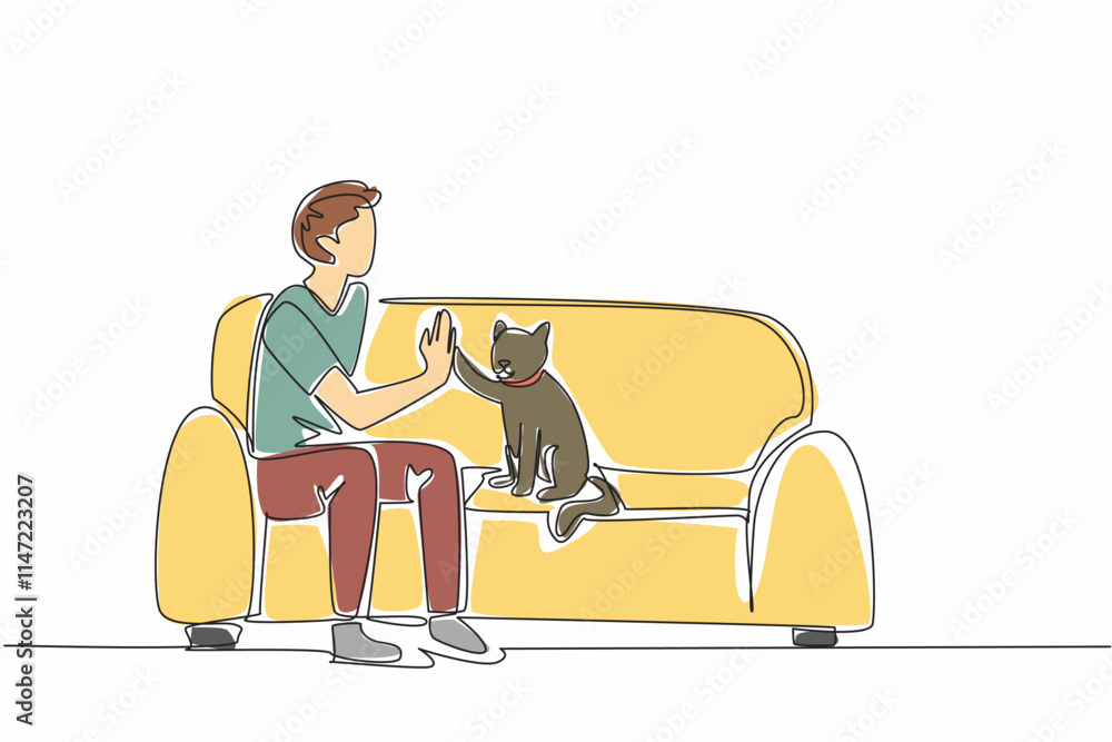 Poster single continuous line drawing man sitting on sofa with his cat while giving high five. educated to 