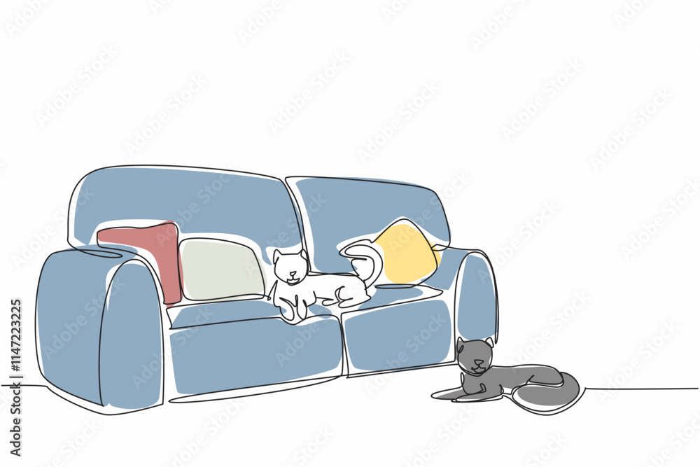 Poster single continuous line drawing a cat lying on a very soft long sofa and another cat lying on the flo