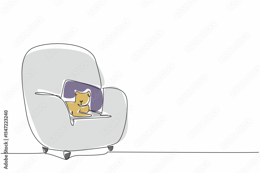 Poster single one line drawing cat lying on a very soft single sofa. take advantage of free time when the p