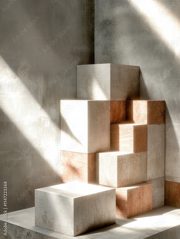 Aufkleber stacked construction materials including wood and concrete blocks arranged in an artistic display wi