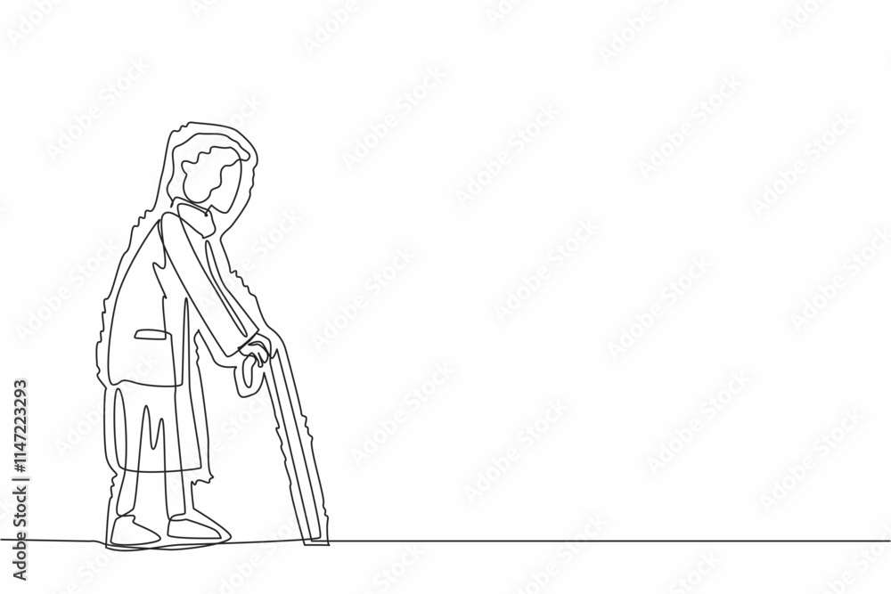 Poster single continuous line drawing grandma walks with a cane and trembles. it is hard to walk. suffering
