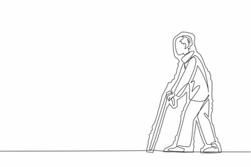 Single continuous line drawing Grandpa walks using cane. Shaking when walking. Difficulty balancing body condition. Not in good health. Aging of the nervous system. One line design vector illustration