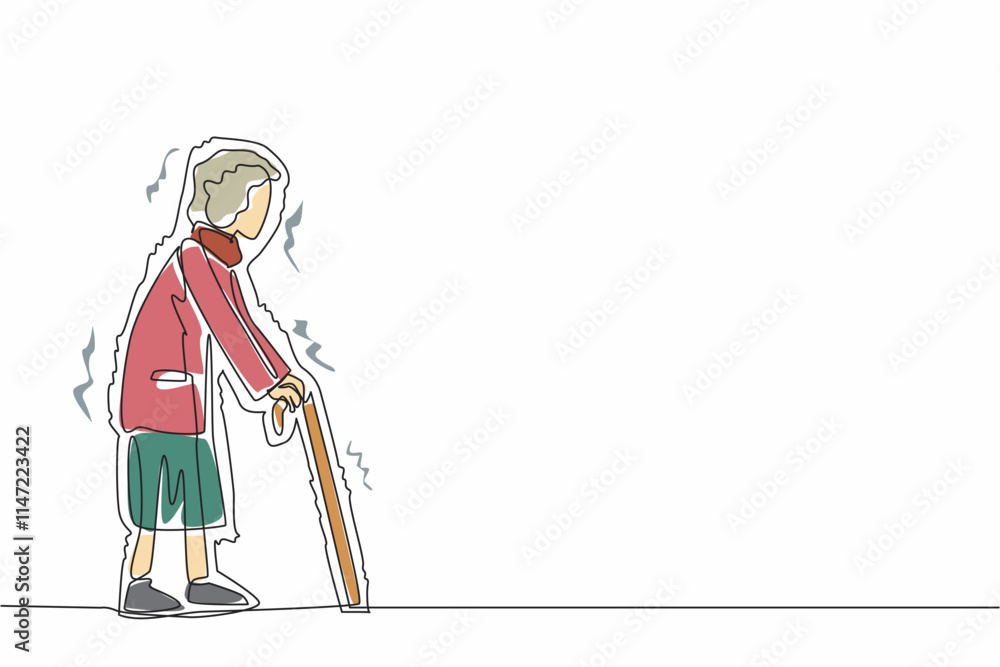 Poster single continuous line drawing grandma walks with a cane and trembles. it is hard to walk. suffering