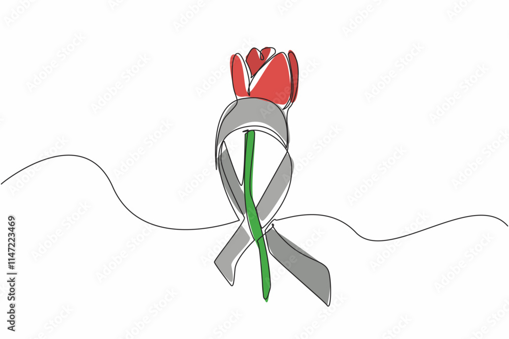 Poster continuous one line drawing stemmed red tulips were placed in the middle of gray campaign ribbons. s