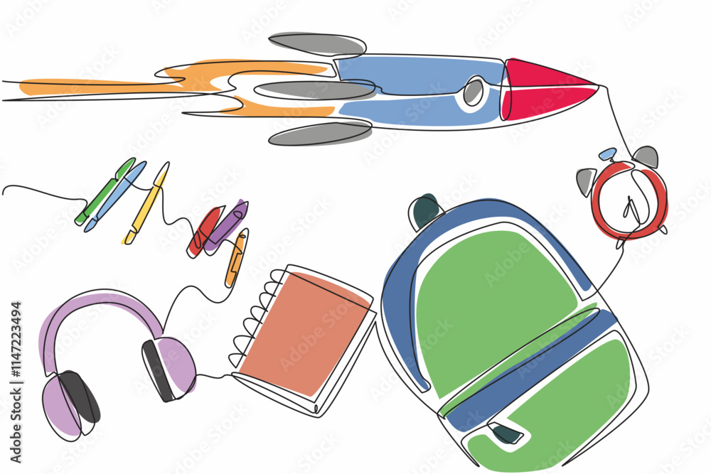 Poster continuous one line drawing rocket flies across notebook. focus on studying to pursue the dreams. st