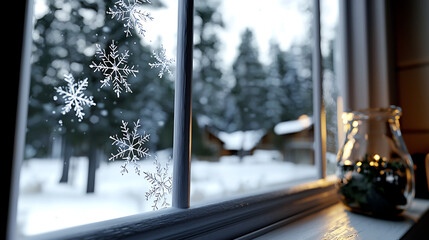 A window with snowflakes drawn on it and a vase with a candle in it