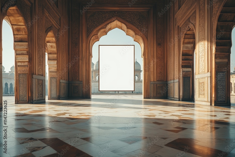 Poster a serene architectural space with an empty frame inviting creativity and reflection.