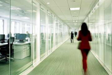 A modern office corridor with glass walls and people walking.