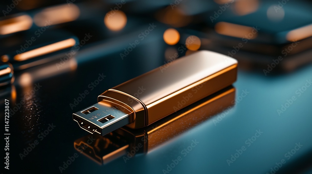 Poster blank and metallic usb drive mockup placed on a reflective surface with clean and minimal design for