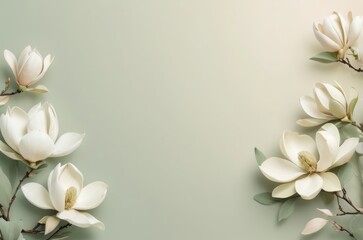 Elegant white magnolia flowers on soft green background with copy space
