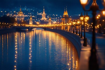 Obraz premium A serene night view of a cityscape with illuminated bridges and reflections on the water.
