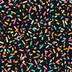 Playful confetti-inspired scatter patterns over a solid background.