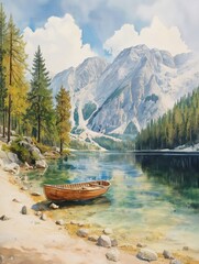 Obraz premium Peaceful Braies landscape featuring a wooden boat and majestic mountains at calm lake